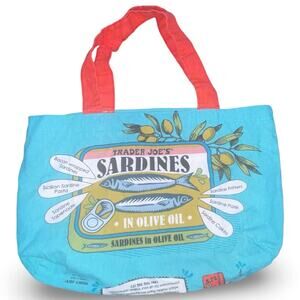 Trader Joes Sardine Toast Tote Bag Canvas Shopping Reusable Teal Orange Rare